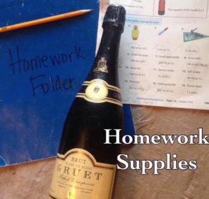 Homework supplies including a blue folder, a grammar assignment sheet for the second grade, a pencil, and an unopened bottle of wine. 